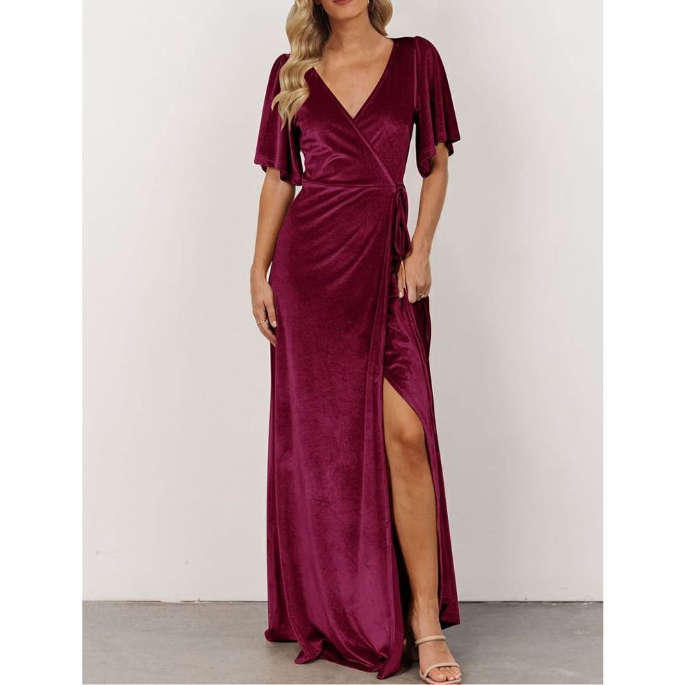 NEW MEROKEETY V Neck Wrap Velvet Maxi Dress Bridesmaid M - Picture 2 of 7